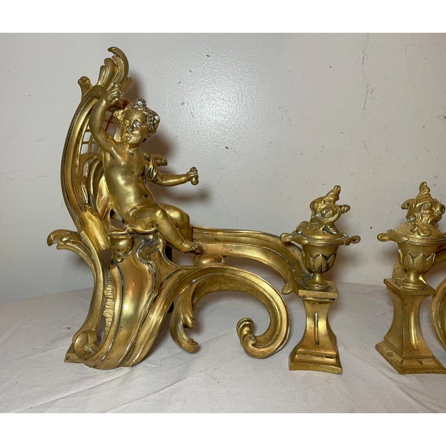 Pair 1800's Ornate Dore Bronze Figural Fireplace Andirons Cherub Putti Chenets For Sale - Image 12 of 14