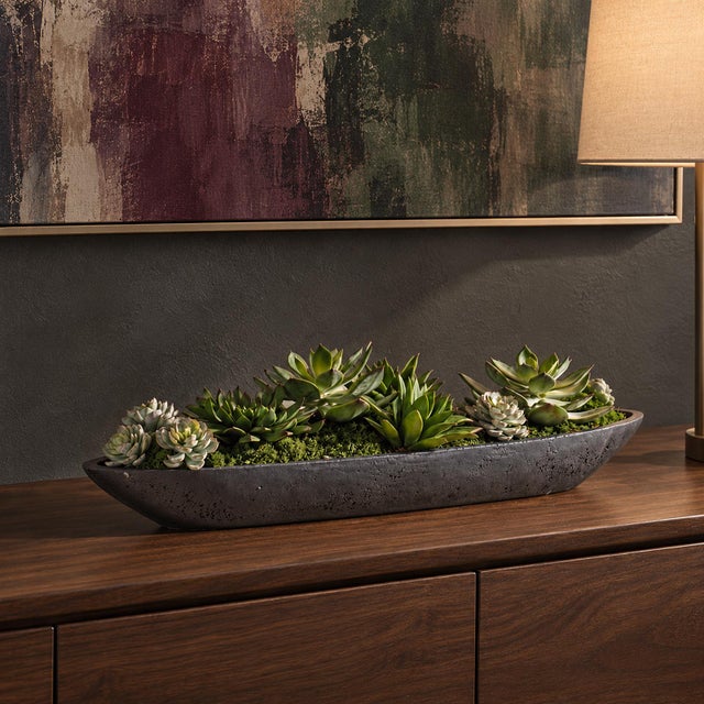 Stone Faux Succulent Charcoal Boat Bowl For Sale - Image 7 of 7