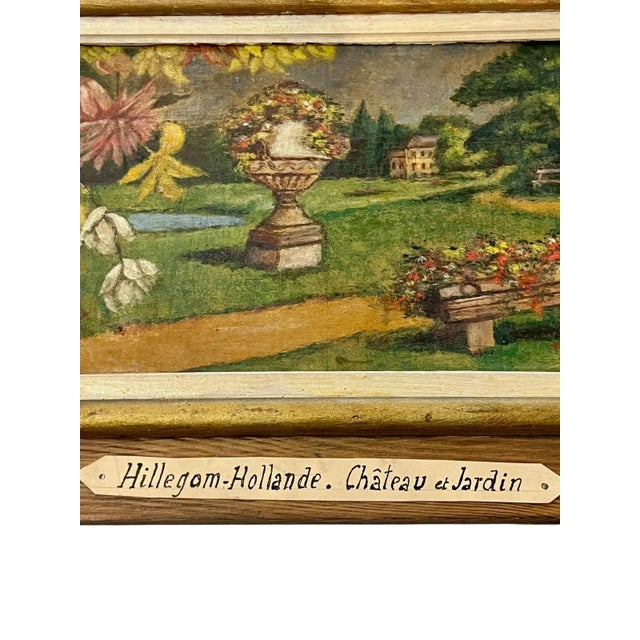 Early 20th Century Antique French Chateau and Garden Landscape Painting Folk Art Frame Oil on Board For Sale - Image 5 of 15