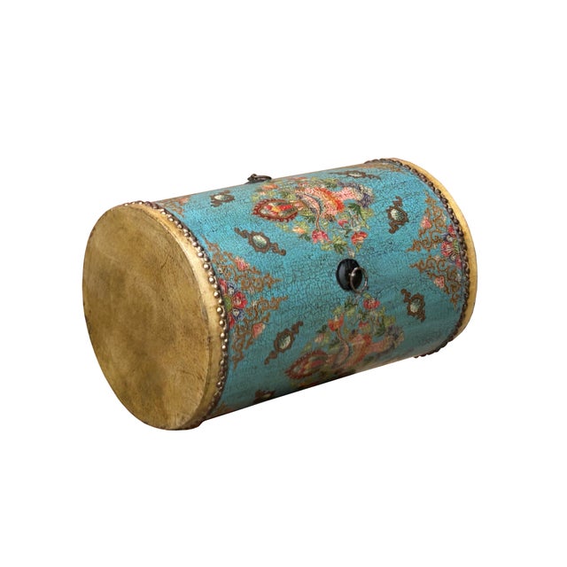 Chinese Chinese Tibetan Style Drum Shape Turquoise Jewel Tower Floral Side Table For Sale - Image 3 of 10