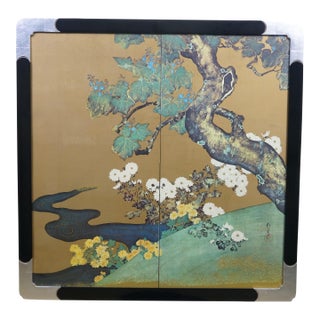 Japanese Paulownias & Chrysanthemums Lithograph After Sakai Hoitsu 31" For Sale