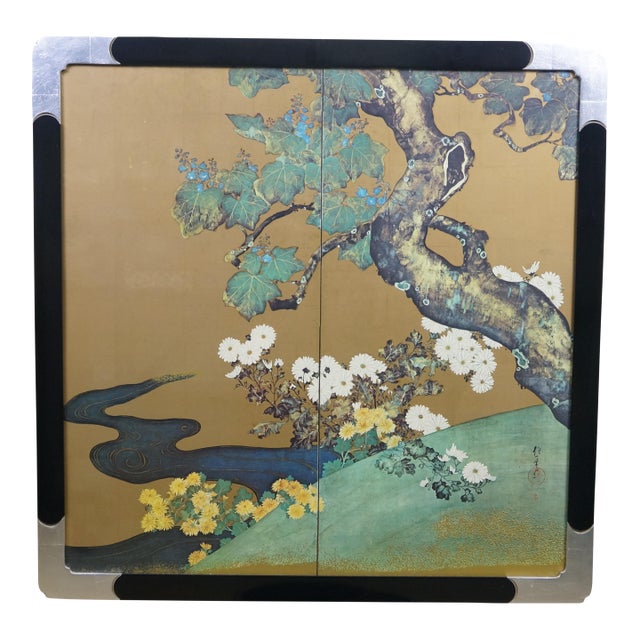 Japanese Paulownias & Chrysanthemums Lithograph After Sakai Hoitsu 31" For Sale