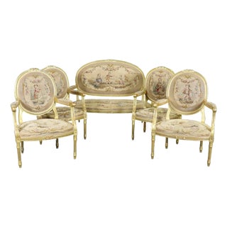 French Louis XVI Giltwood Five Piece Salon Parlor Set With Aubusson C. 1890s For Sale