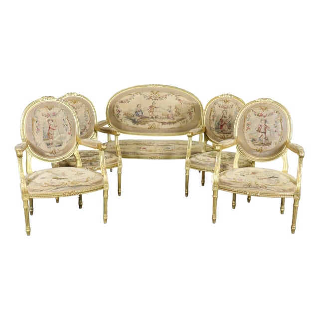 French Louis XVI Giltwood Five Piece Salon Parlor Set With Aubusson C. 1890s For Sale