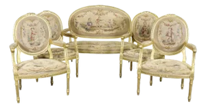 French Louis XVI Giltwood Five Piece Salon Parlor Set With Aubusson C. 1890s