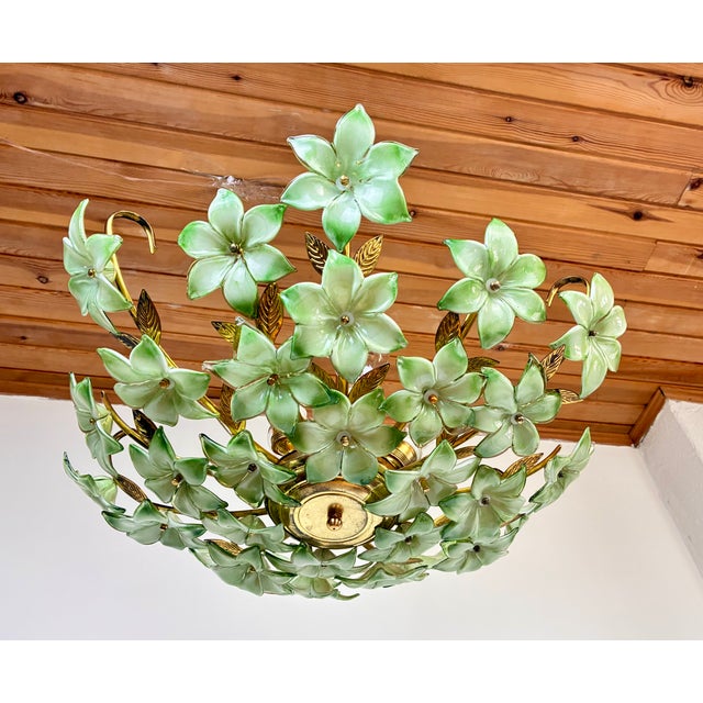 1970s Vintage Murano Style Hand-Painted Green Glass Floral Flush Mount Chandelier⁠ For Sale - Image 13 of 18