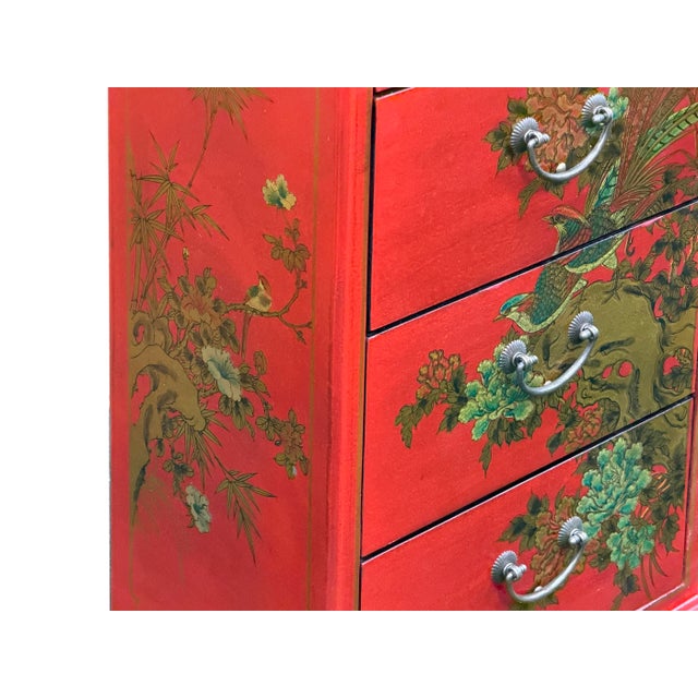 Oriental Bright Red Golden Flower Bird Graphic Drawers Chest For Sale - Image 13 of 13