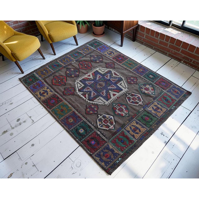Mid-Century Modern Vintage Sofreh Aghd Wedding Spread, Embroidered Tablecloth, Unique Turkish Rug Table Decor 4x6 Ft Approx For Sale - Image 3 of 11