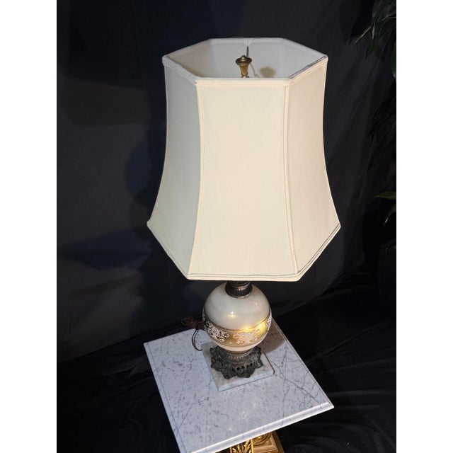 Hollywood Regency 2000s Neoclassical Cherub Table Lamp With Ivory Glass Globe For Sale - Image 3 of 8