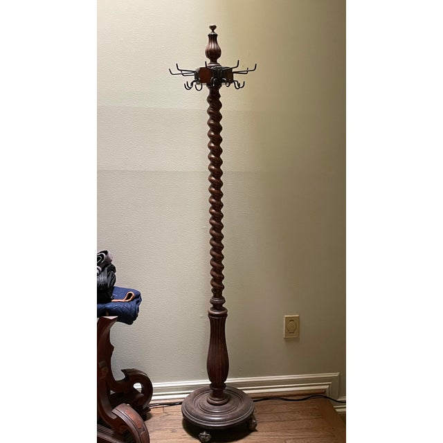 Art Deco Antique Turned Oak Hall Tree Coat Rack With Adjustable Iron Hooks For Sale - Image 3 of 8