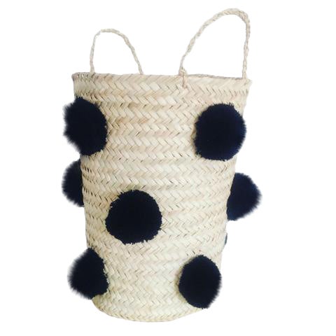 Moroccan Black Pompom Basket For Sale