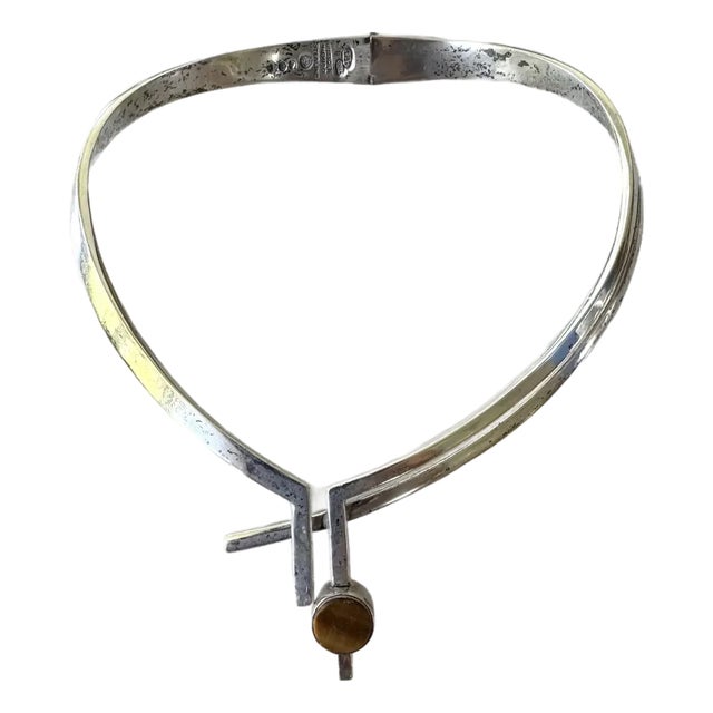 Vintage Mid-Century Antonio Pineda Sigi Taxco Sterling Silver, Tiger's Eye, and Onyx Sculputural Necklace With Artist Markings For Sale