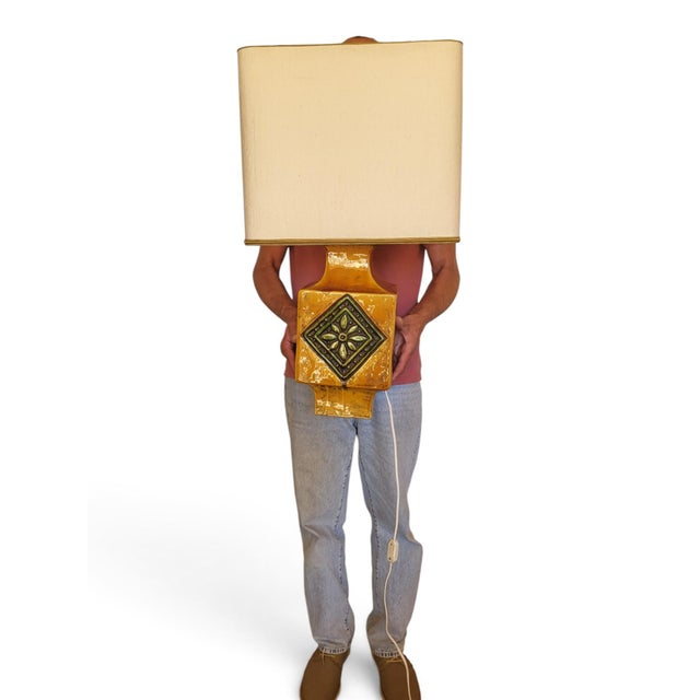 Mustard Yellow Glazed Ceramic Lamp with Floral Diamond Pattern, Vallauris, France, 1960s For Sale - Image 12 of 13