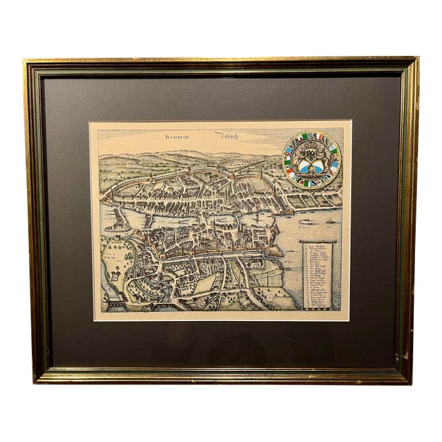 Rare Vintage Hand Colored Tigurum Zurich Birds Eye View Map For Sale