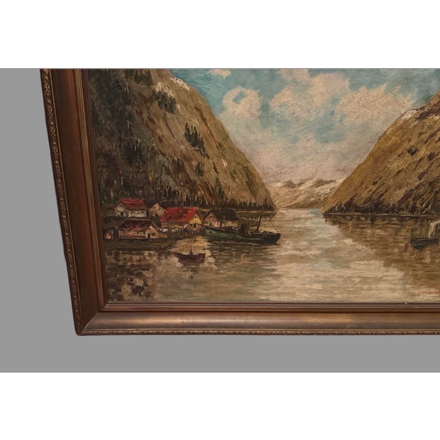 Antique Norwegian Seascape Village Oil Painting on Canvas H Lichtenberger For Sale - Image 4 of 11