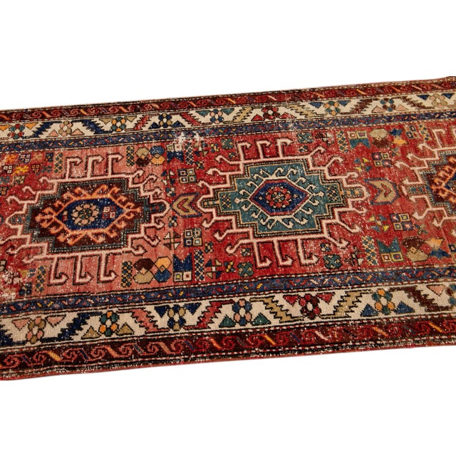 1930s Red Vintage Persian Heriz Handmade Geometric Wool Runner For Sale - Image 5 of 9