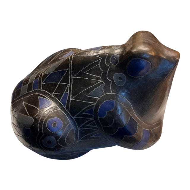 Vintage Studio Pottery Frog Sculpture With Cobalt Blue Geometric Decoration For Sale