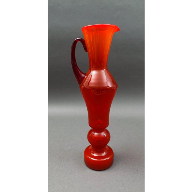 Vintage Mid-Century Italian Red Flame Art Glass Handled Sculptural Pitcher For Sale - Image 4 of 8