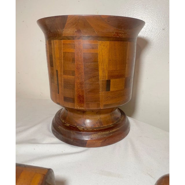 Brown Share Huge Rare Antique Hand Made Turned Carved Wood Marquetry Mortar and Pestle Large For Sale - Image 8 of 12