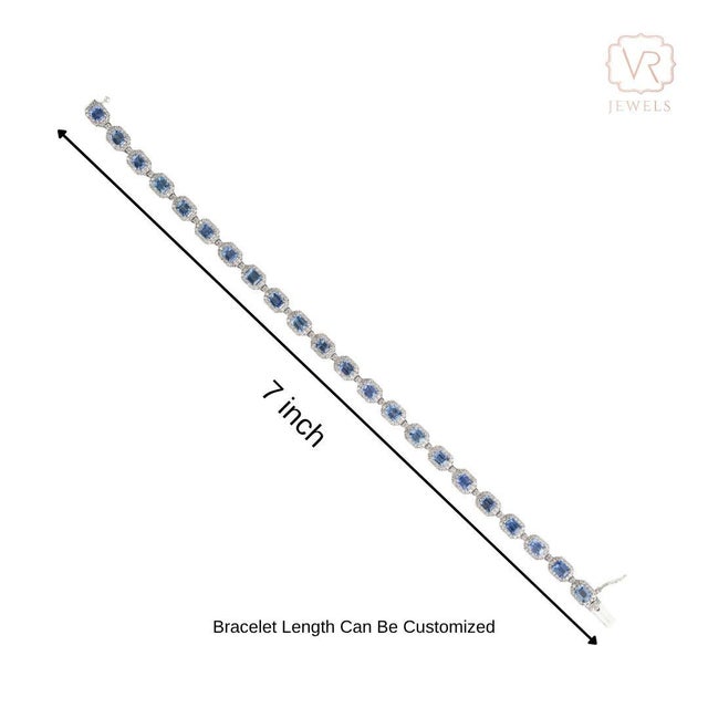 Modern 14k Gold Tennis Bracelet 5.55ct Blue Sapphire & 1.54ct Diamond Halo For Sale - Image 12 of 18