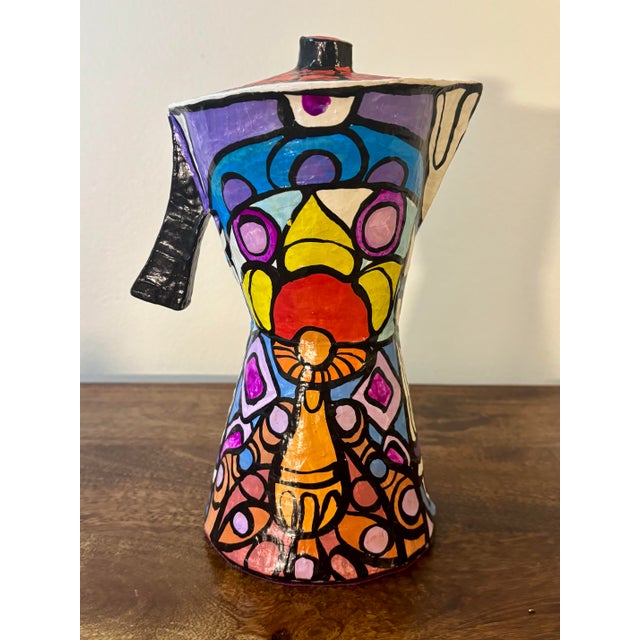 Mid-Century Modern Vintage Folk Art Hand Painted Paper Mache Espresso Pot Sculpture For Sale - Image 3 of 7