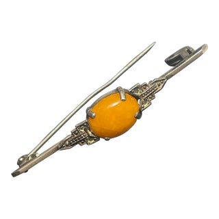 Art Deco Baltic Amber Butterscotch Egg Yolk Cabochon Brooch, Antique Art Deco With Marcasite For Sale
