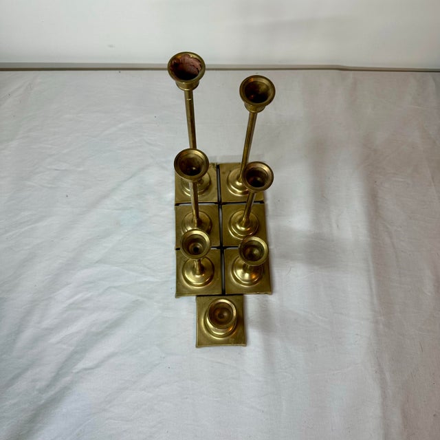 Late 20th Century Vintage Brass Tulip Candlestick Set of 7 Graduated Heights 3"-9" MCM Square Base For Sale - Image 5 of 12