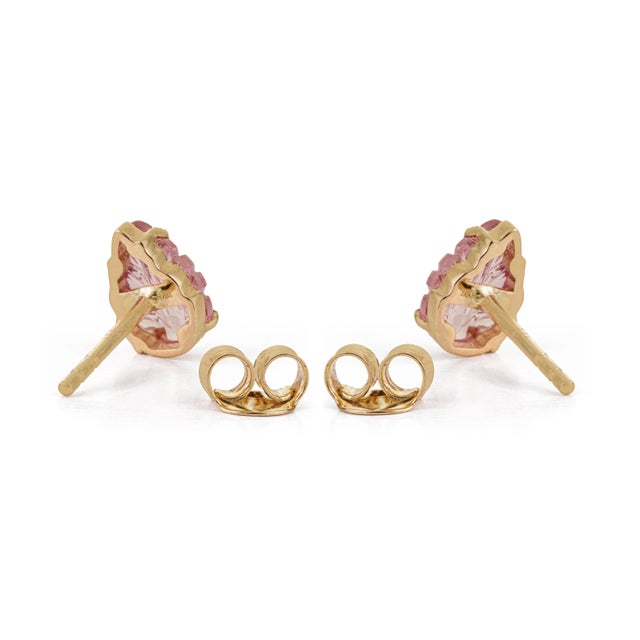 Contemporary 1.27ct Pink Tourmaline Carved Leaf Stud Earrings in 14k Yellow Gold- A Pair For Sale - Image 9 of 15