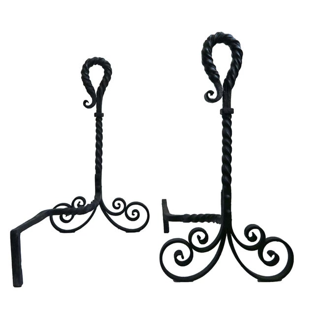 Traditional Antique Andirons - Hand-Wrought Iron - A Pair For Sale - Image 3 of 4