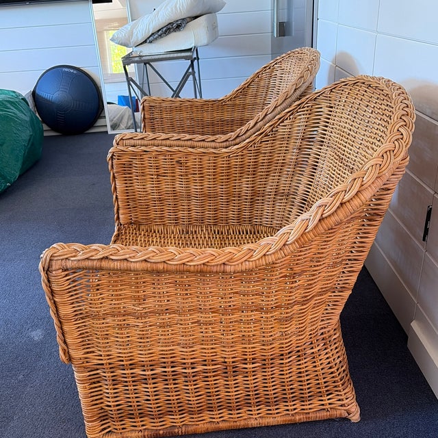 1970s Pair of Vintage Woven Rattan/wicker Barrel-style Accent Chairs For Sale - Image 5 of 12