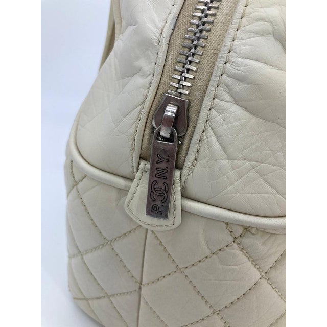 Cream Chanel Paris New York Cream Distressed Bowling Tote For Sale - Image 8 of 11