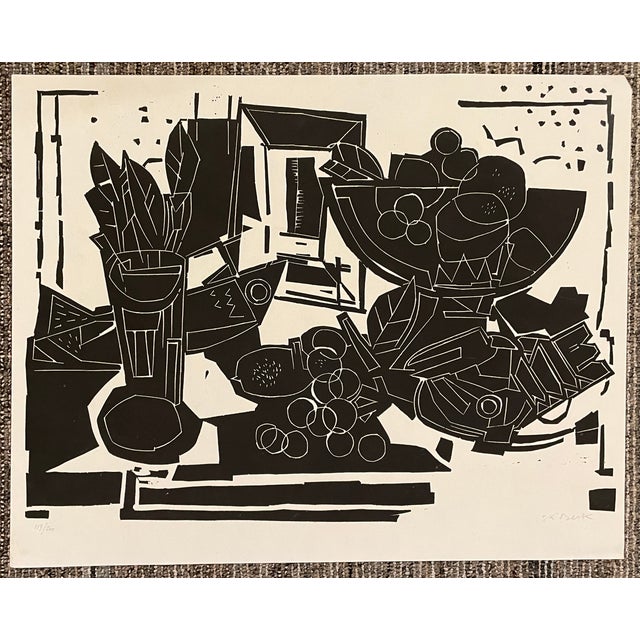 1951 Gustav Beck Fish and Fruit Bowl Still Life Linocut For Sale - Image 4 of 4
