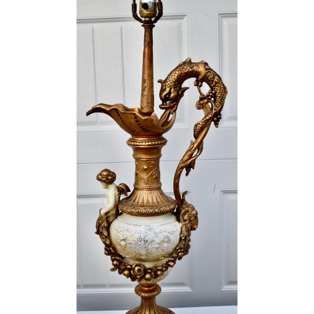 Antique Gilded Metal Lamp Renaissance Style Ornate Ewer Designed Figural Details For Sale - Image 4 of 17