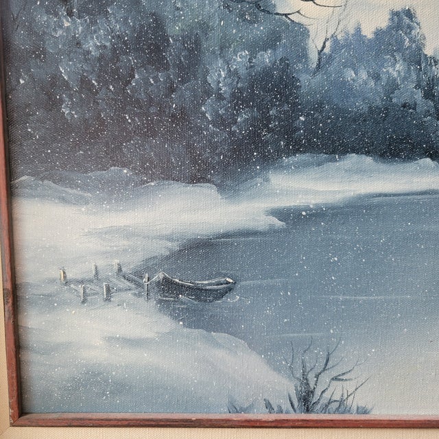 VTG Oil Painting 25"x21" Canvas Snow Cabin Stream Trees Water SGN Bd Pollard '93 For Sale - Image 4 of 18