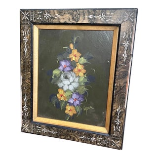 Fantastic Original Authentic Antique Botanical Oil Painting 1920 Still Life Signed Cluster of Flowers Antique Frame For Sale