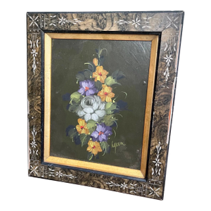 Fantastic Original Authentic Antique Botanical Oil Painting 1920 Still Life Signed Cluster of Flowers Antique Frame