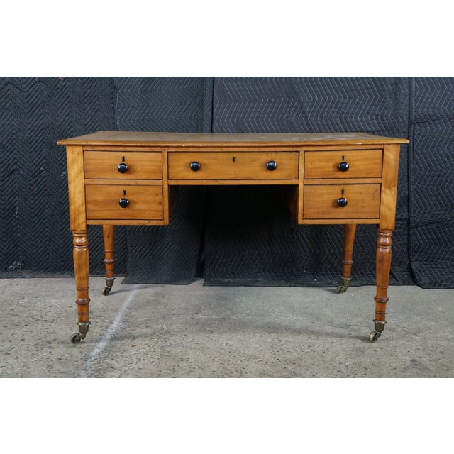 Antique 19th C. English Regency Maple & Oak Tooled Leather Top Partner's Desk For Sale - Image 6 of 18