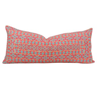 Swati Tribal Aqua & Pink Brocade Pillow For Sale