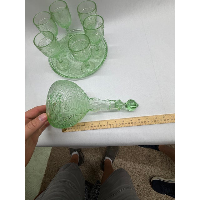 Vintage Vaseline / Uranium Green Pressed Glass Decanter and Cordial Set With Tray - 8 pcs For Sale - Image 10 of 11
