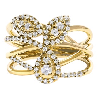 10K Yellow Gold 1/2 Cttw Diamond Crossover 3 Leaf Floral Cocktail Ring Band (H-I Color, SI1-SI2 Clarity) - Size 7 For Sale
