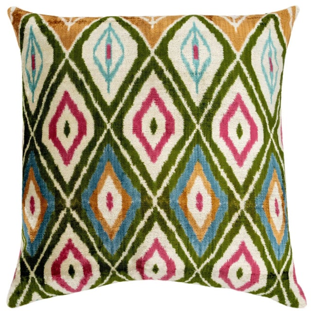 "Enhance your home decor with this vibrant handmade velvet throw pillow, featuring a striking multicolor diamond Ikat...