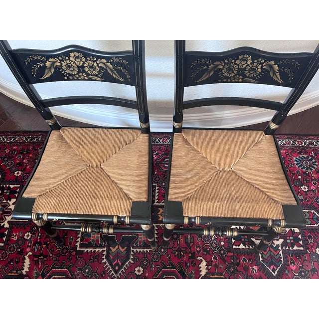 Hitchcock Set of 2 - Vintage Hitchcock Style Stenciled, Black and Gold Painted Chairs, Rush Seats For Sale - Image 4 of 12