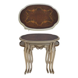 Vintage French Louis XIV Paint Decorated & Inlaid Nesting Tables For Sale