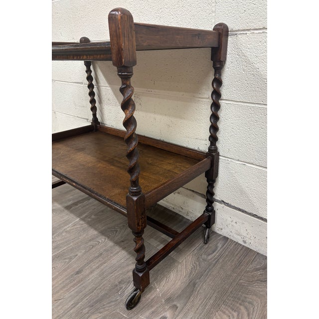 Brown Antique English Barley Twist Oak Trolley Tea Cart Dumbwaiter For Sale - Image 8 of 9