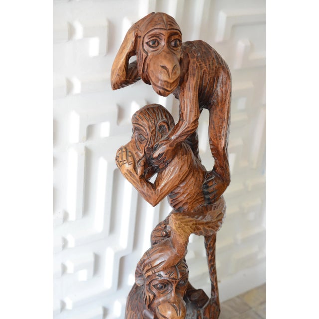 Wood Carved Monkey See No Evil Statue For Sale - Image 6 of 11