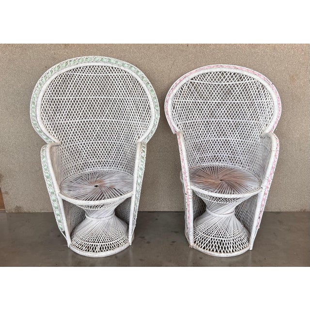 Pair of Vintage White Wicker Peacock Chair in the Emmanuelle Style For Sale - Image 9 of 18
