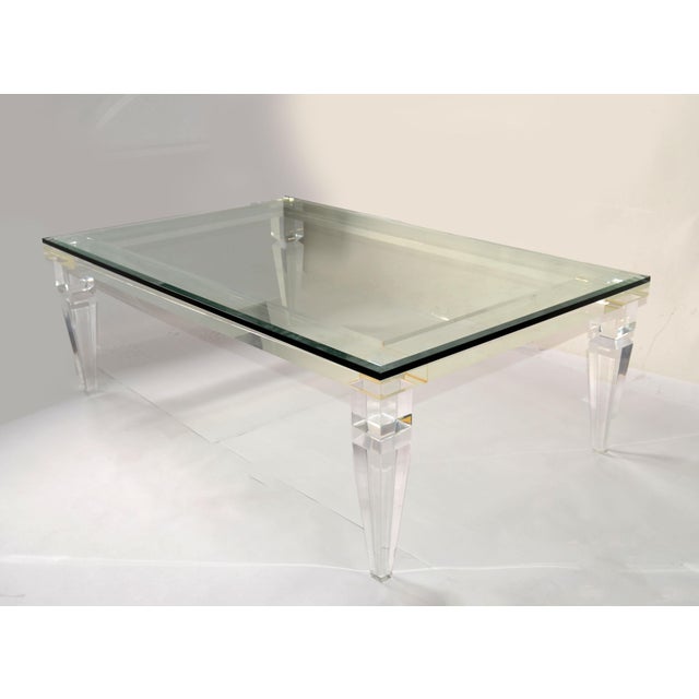 Mid-Century Modern 1970s Charles Hollis Jones Style Beveled Glass Lucite Rectangle Coffee Table Palm Beach Regency For Sale - Image 3 of 12