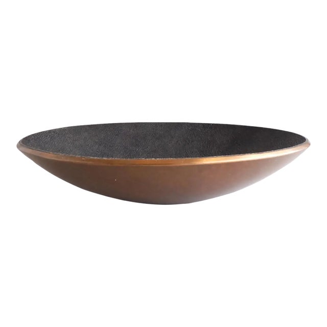 Late 20th Century Signed Copper and Black Stingray Shagreen Vide Poche Bowl With Pearl For Sale