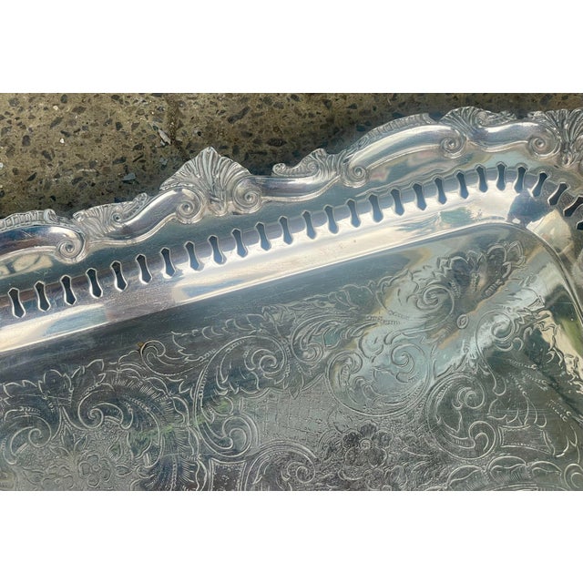Silver Mid 20th Century Birmingham Large Footed Silver Plate Serving Tray Etched Reticulated Raised Edge For Sale - Image 8 of 12
