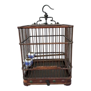 Rosewood Birdcage With Blue & White Porcelain Feeders – Decorative Asian Accent For Sale